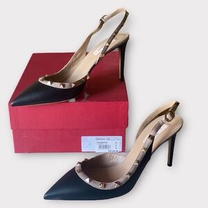 VALENTINO GARAVINI Black Beige Leather Rockstud Sling-backs Quiet Luxury…
